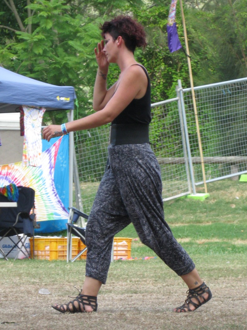 Loose printed pants with strappy sandals